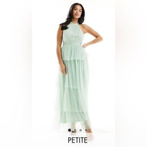 Petite Bridesmaid Halter-neck Tulle Midi Dress with Tiered Skirt in Mint Green